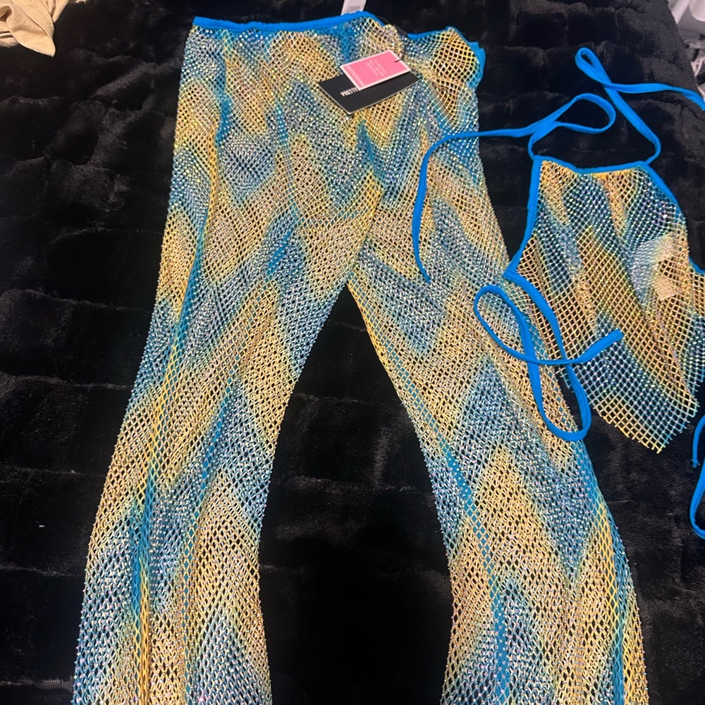 Blue and Yellow Mesh Cover-Up Set